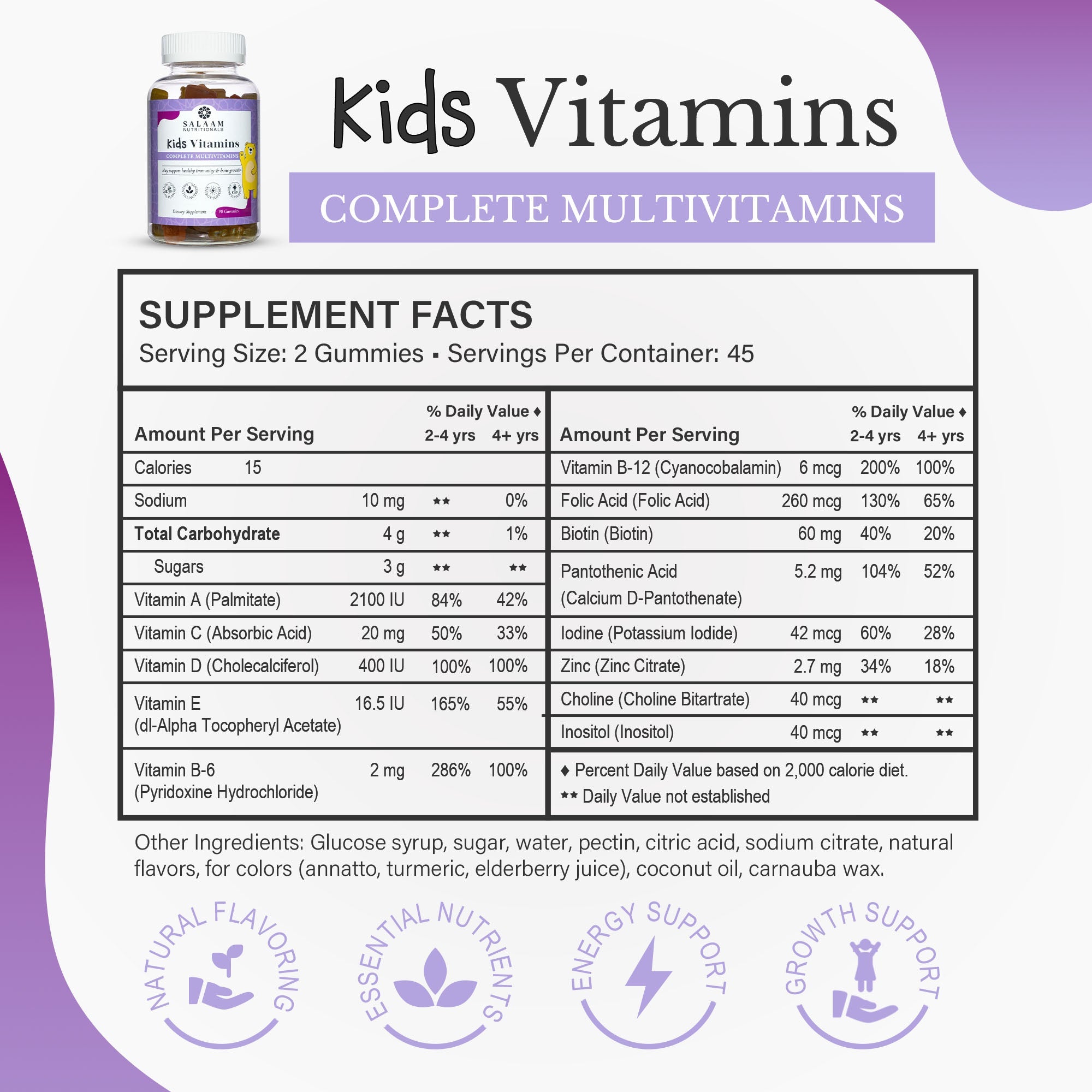 Halal Kids Gummy Multivitamins – Vitamins A, C, E & Zinc, 90 Count